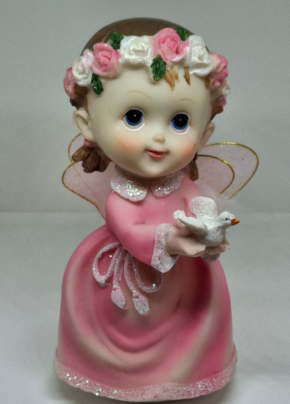 Vintage 6 Inch Porcelain Angel Figurine in Pink Dress with Dove - Blue